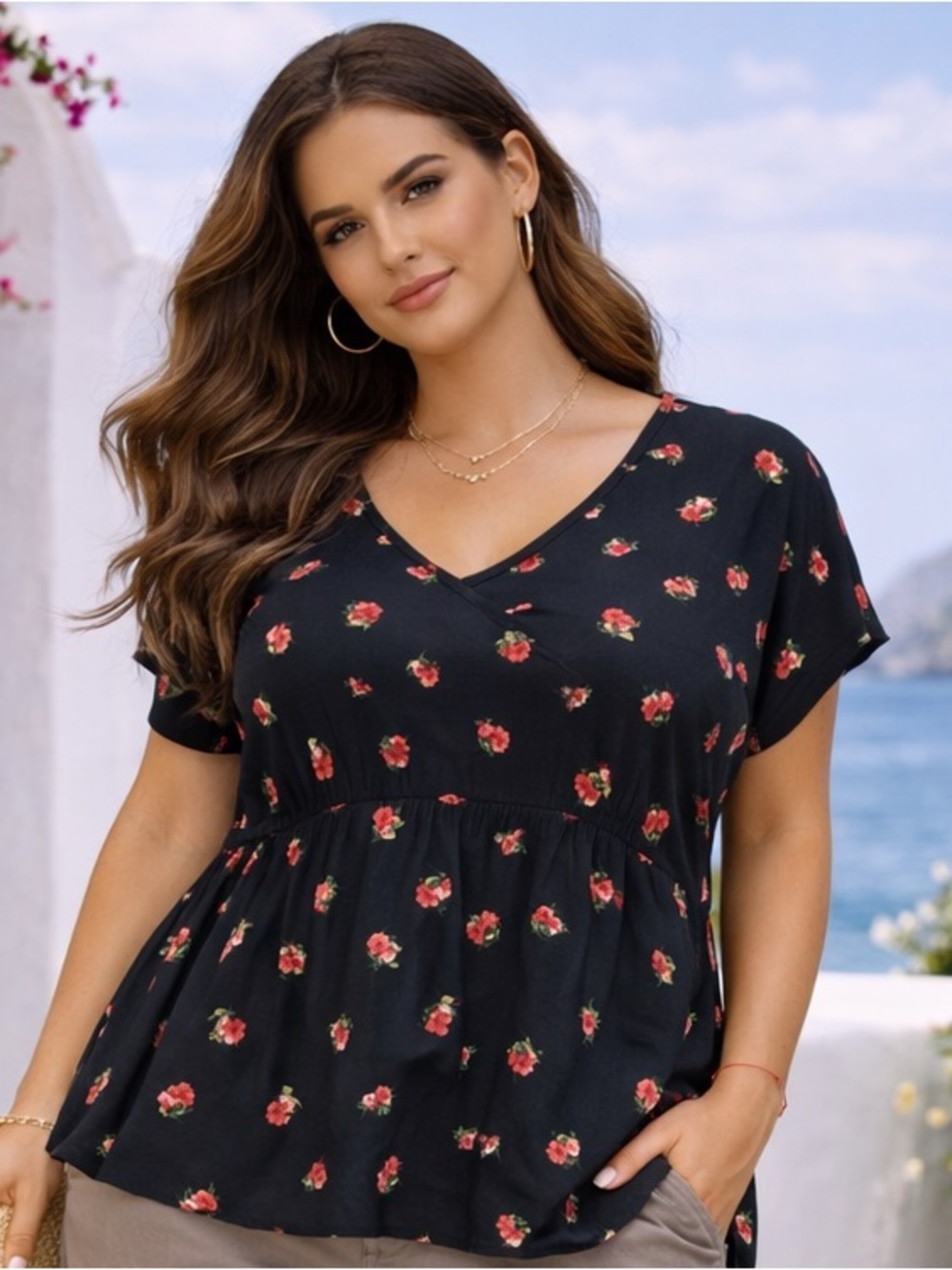 🌸 Sweet Rain Sheer Black Floral Babydoll Blouse (Size 2XL) 🌸